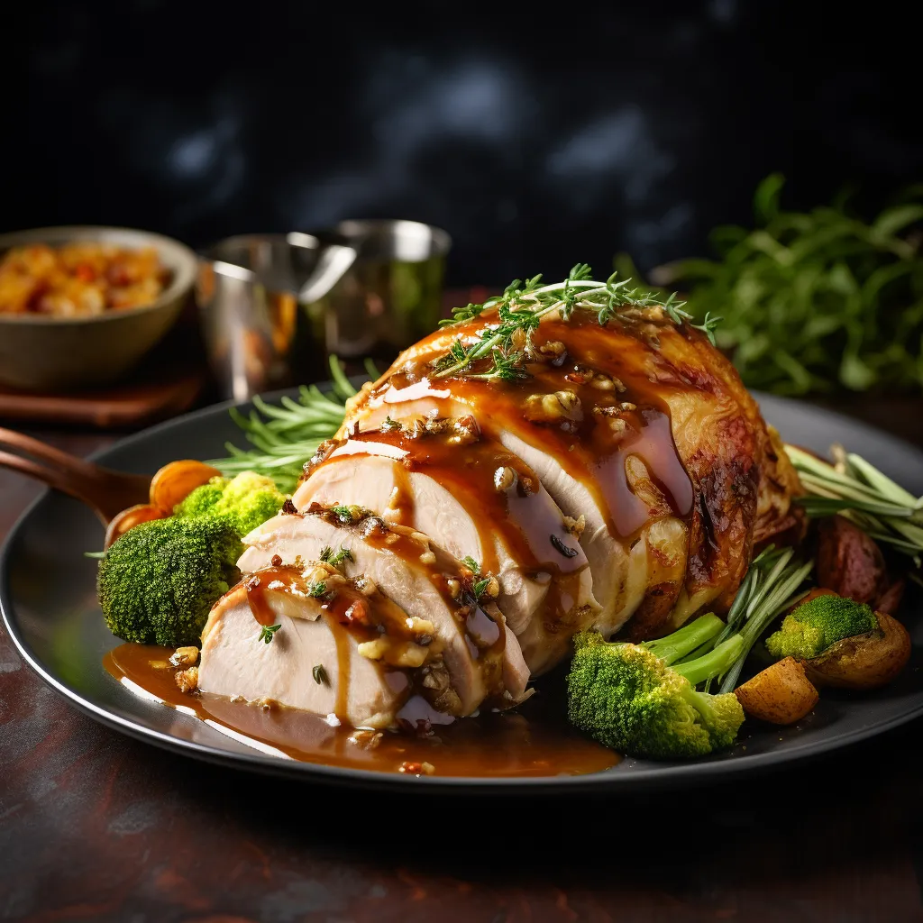 Golden roasted chicken topped with aromatic herbs sits elegantly in the center of the plate, presenting the enticing chestnut stuffing peeking from within. A rich, glossy herb-gravy lightly drizzled over and encircling the chicken enhances its appetizing glory. A side of seasonal steamed vegetables add color and balance to the plate.