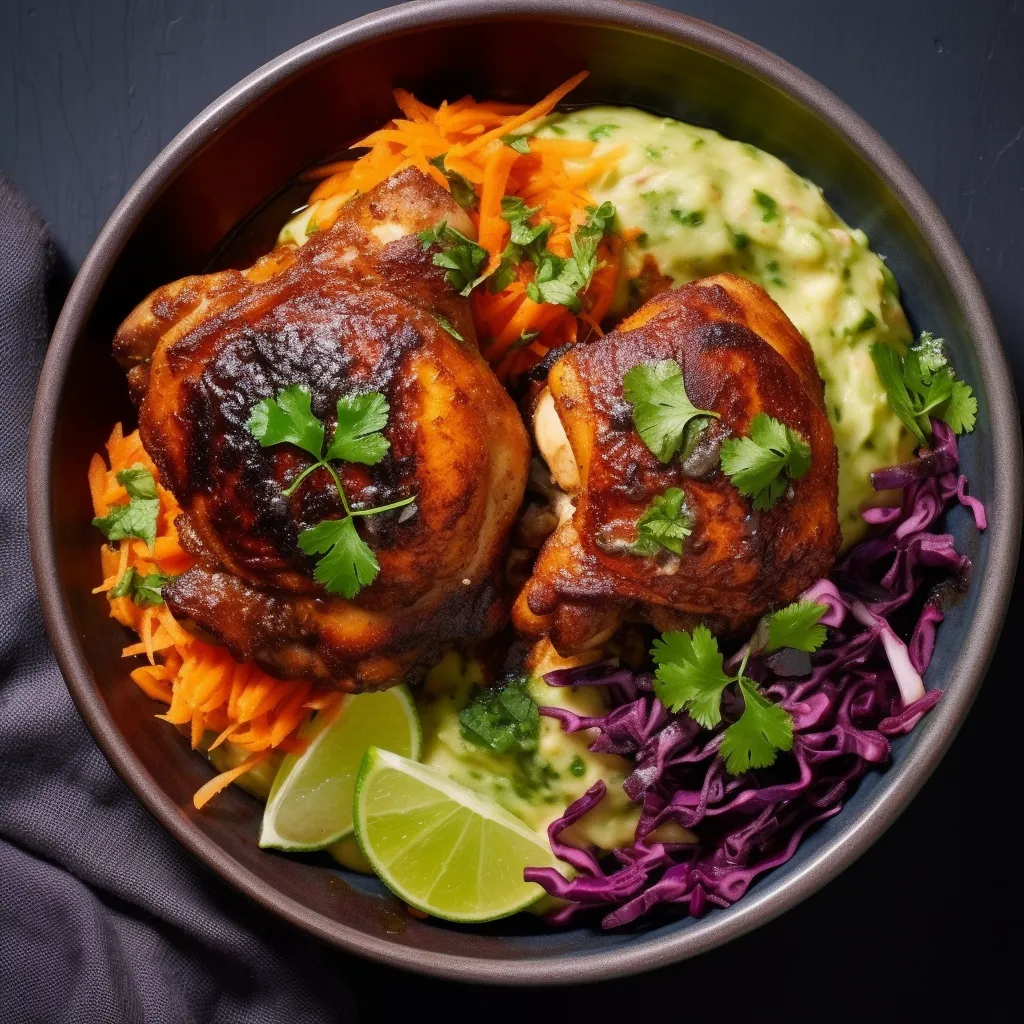 Two juicy roasted chicken thighs with a dollop of black bean and sweet potato mash, surrounded by a vibrant green slaw