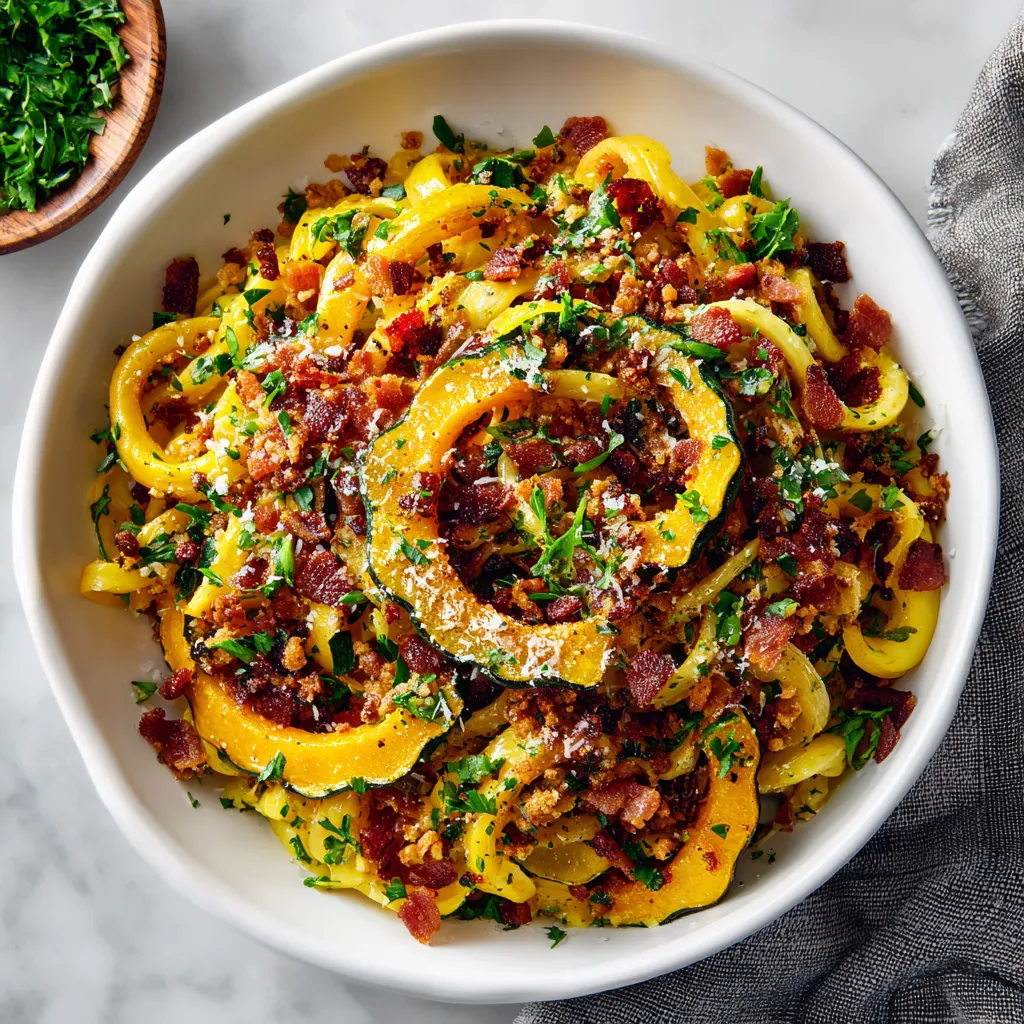 The dish is a vibrant canvas of rich fall colors. The deep golden hue of the roasted Delicata squash mingles with pale yellow pasta strands, creating a beautiful contrast. It's studded with pops of fresh green from chopped herbs. The top boasts lightly browned crumbled bacon lending a rustic feel, while a spritz of lemon zest adds a bright note.