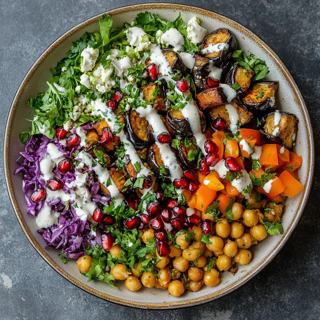 A vibrant plate layered with colorful greens, purples, oranges, and whites from the falafel, salad, and tahini drizzle. The majesty of the roasted eggplant crowned with the scatter of pomegranate seeds, mint, and a drizzle of ruby red pomegranate molasses is a sight to behold.