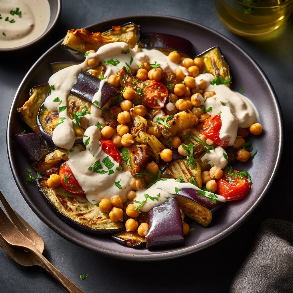 A colorful bowl of roasted eggplants, chickpeas, and feta cheese, topped with a drizzle of tangy tahini sauce and served with warm pita bread