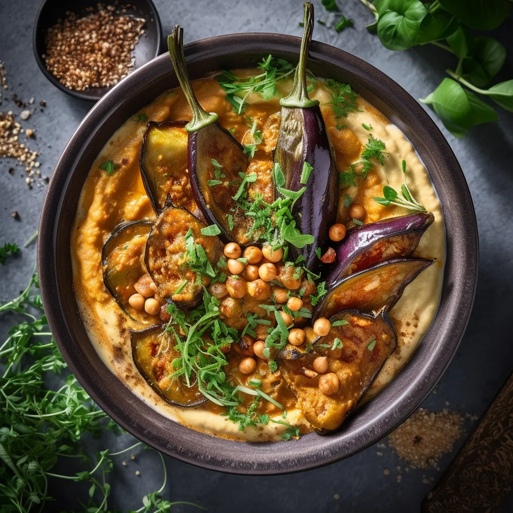 A bowl of creamy, spicy curry with roasted eggplant, chickpeas and fresh herbs.