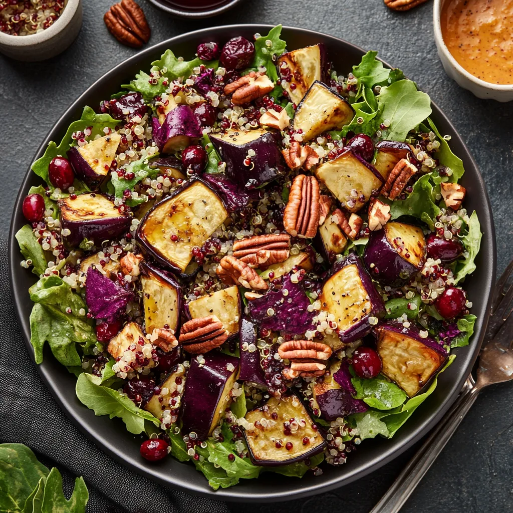 Finished dish, when looked from above, showcases a colorful spectrum of purples, greens, and oranges. Chopped roasted eggplants sitting generously on a bed of mixed greens, sprinkled with pecans, cranberries, and quinoa. Drizzled in bright orange pumpkin vinaigrette leaves a visually tempting trail.