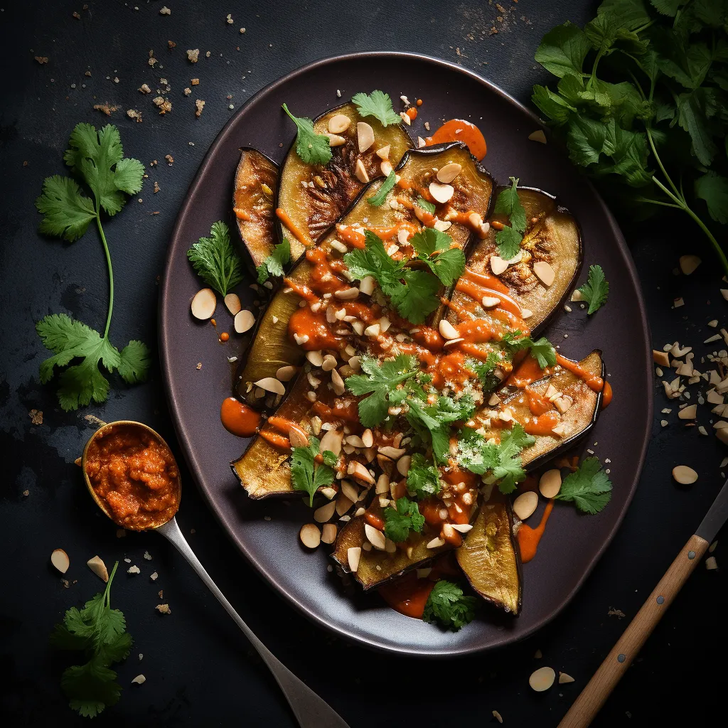 A golden roasted eggplant half topped with a generous spoonful of romesco sauce, garnished with toasted almonds and fresh parsley.