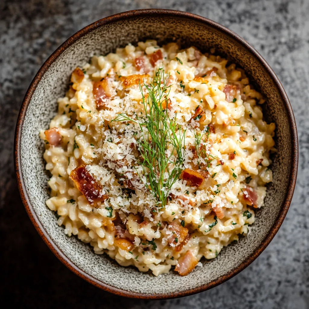 The dish is a pleasing mix of colors - a creamy, near-white base with spots of golden caramelized fennel mingling with the darker specks of cooked pancetta. A light dusting of parmesan cheese and a smattering of fresh green fennel fronds on top gives a perfect contrast. It’s served in a vintage Italian ceramic bowl for a truly rustic feel.