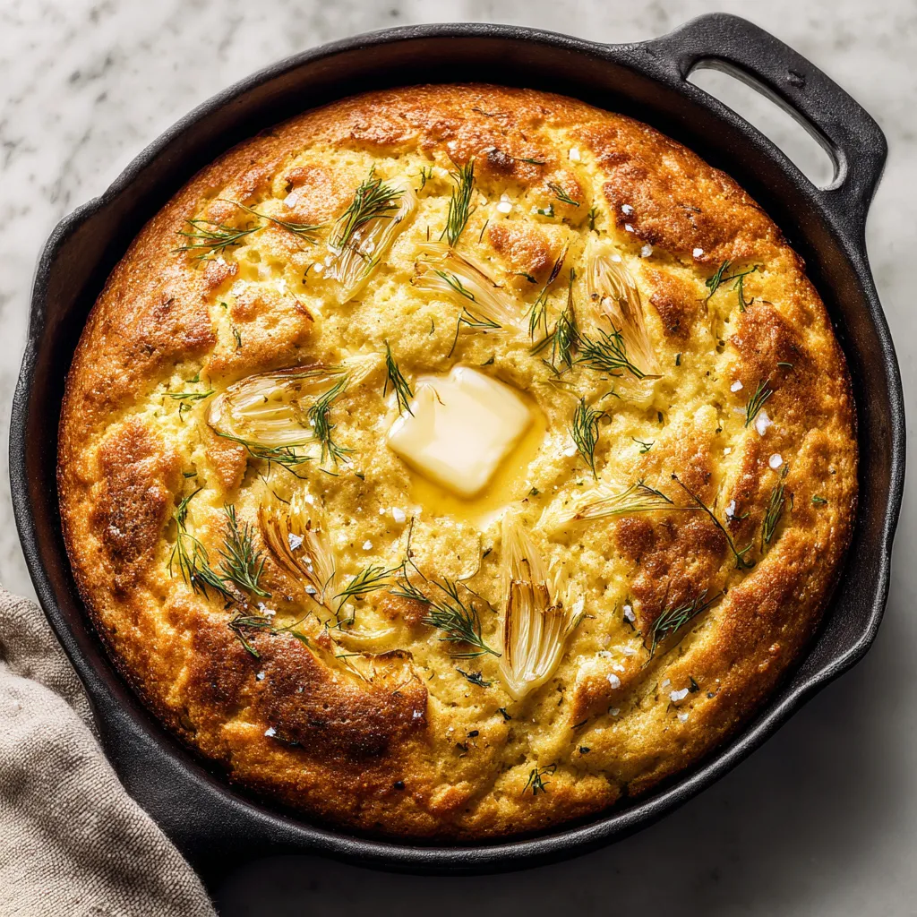 From above, a small black skillet holds deeply golden bread with a rustic cracked surface, bronzed edges, scattered fennel fronds, thin fennel slivers, flaky salt, and a glossy pat of melting honey butter in the center.
