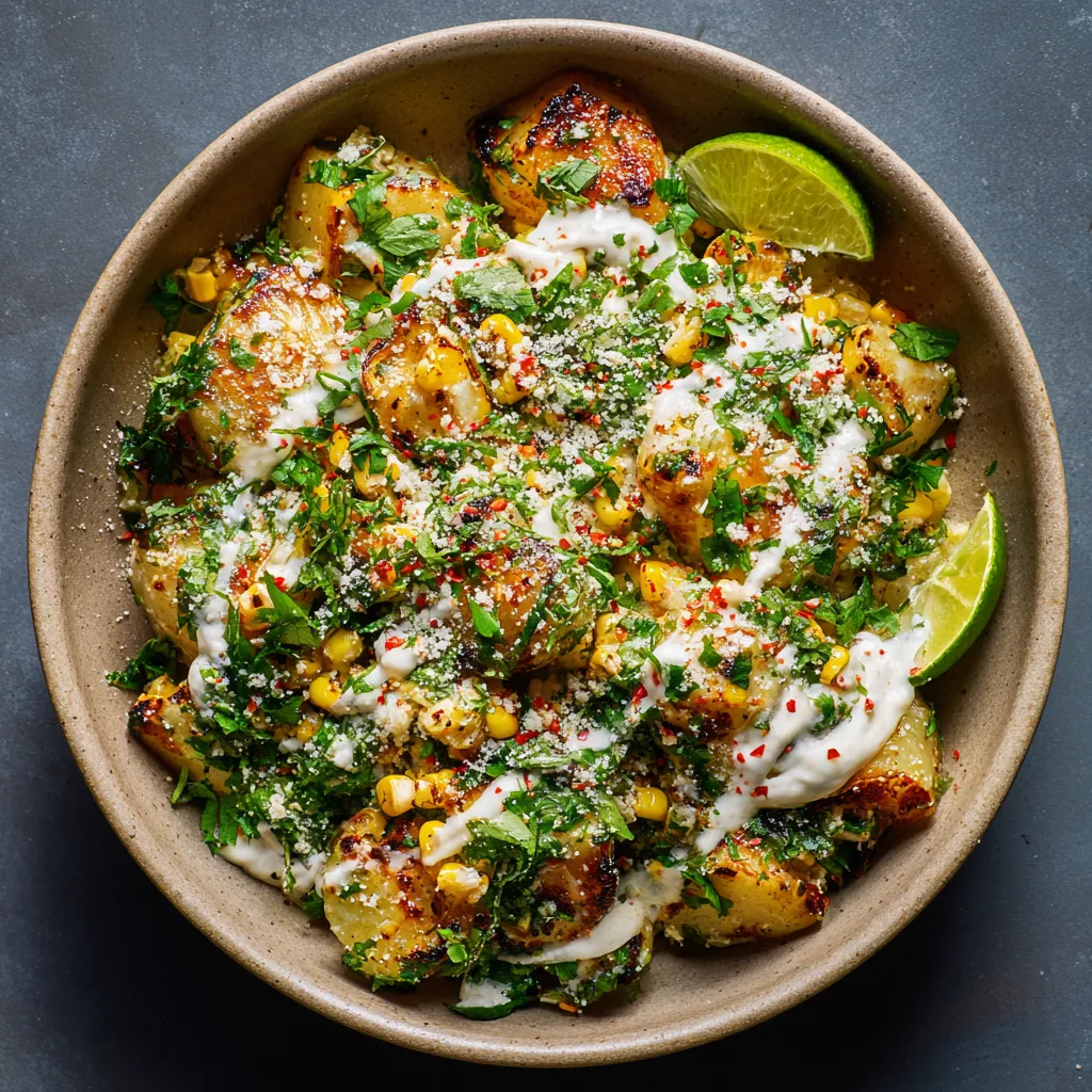 A beautiful mix of charred corn and bright green kohlrabi chunks sitting in a rich swirl of sour cream sauce. The sprinkle of tangy cojita cheese, chopped fresh cilantro, and squeeze of lime dots across the surface add depth and a pop of color. The chilies add a fiery accent.