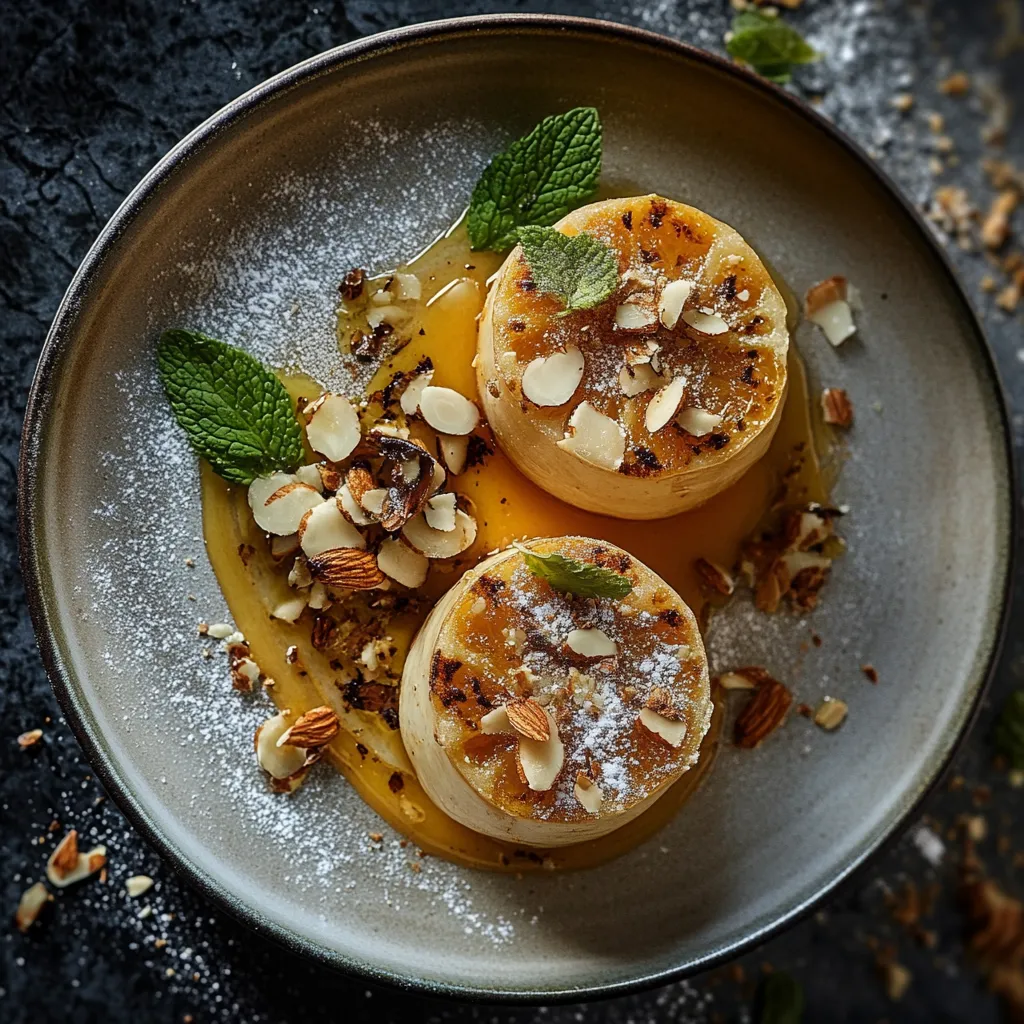 Imagine a plate with two halves of gently roasted kohlrabi, topped with a dollop of orange-almond creme. The kohlrabi, caramelized and golden-brown, form a harmonious colour contrast with the vibrant orange creme studded with chunks of chopped almonds. The dish is garnished with fresh mint leaves and a sprinkling of powdered sugar, looking as enticing as it tastes.