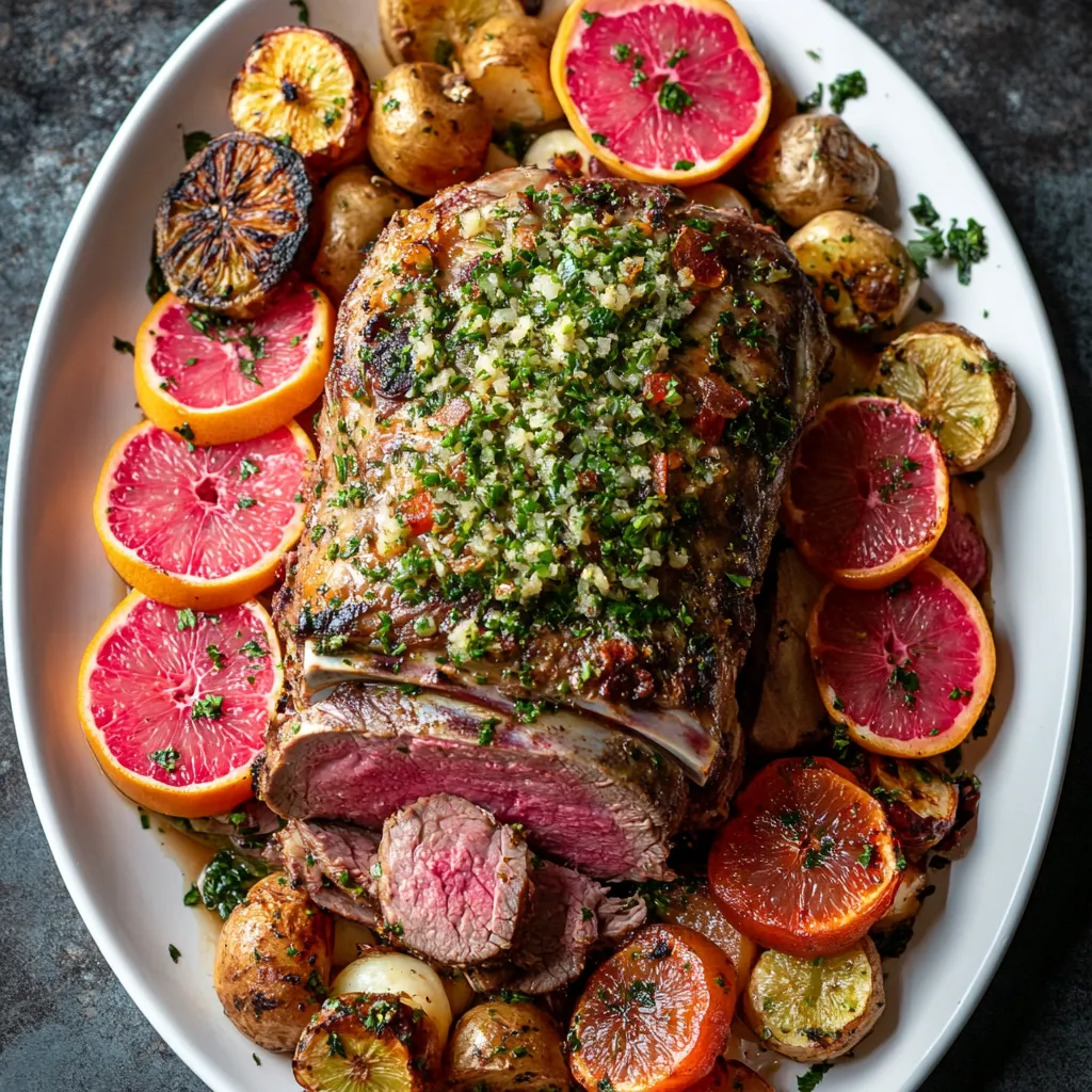 A beautifully bronzed, juicy lamb roast sits center on a simple white platter. It is generously dusted with a bright, green gremolata, and surrounded by glistening slices of pink pomelo, punctuated by an assortment of seared, jewel-toned root vegetables that lend a warm and rustic feel. The image captures the essence of a cozy winter meal with an unexpected twist.