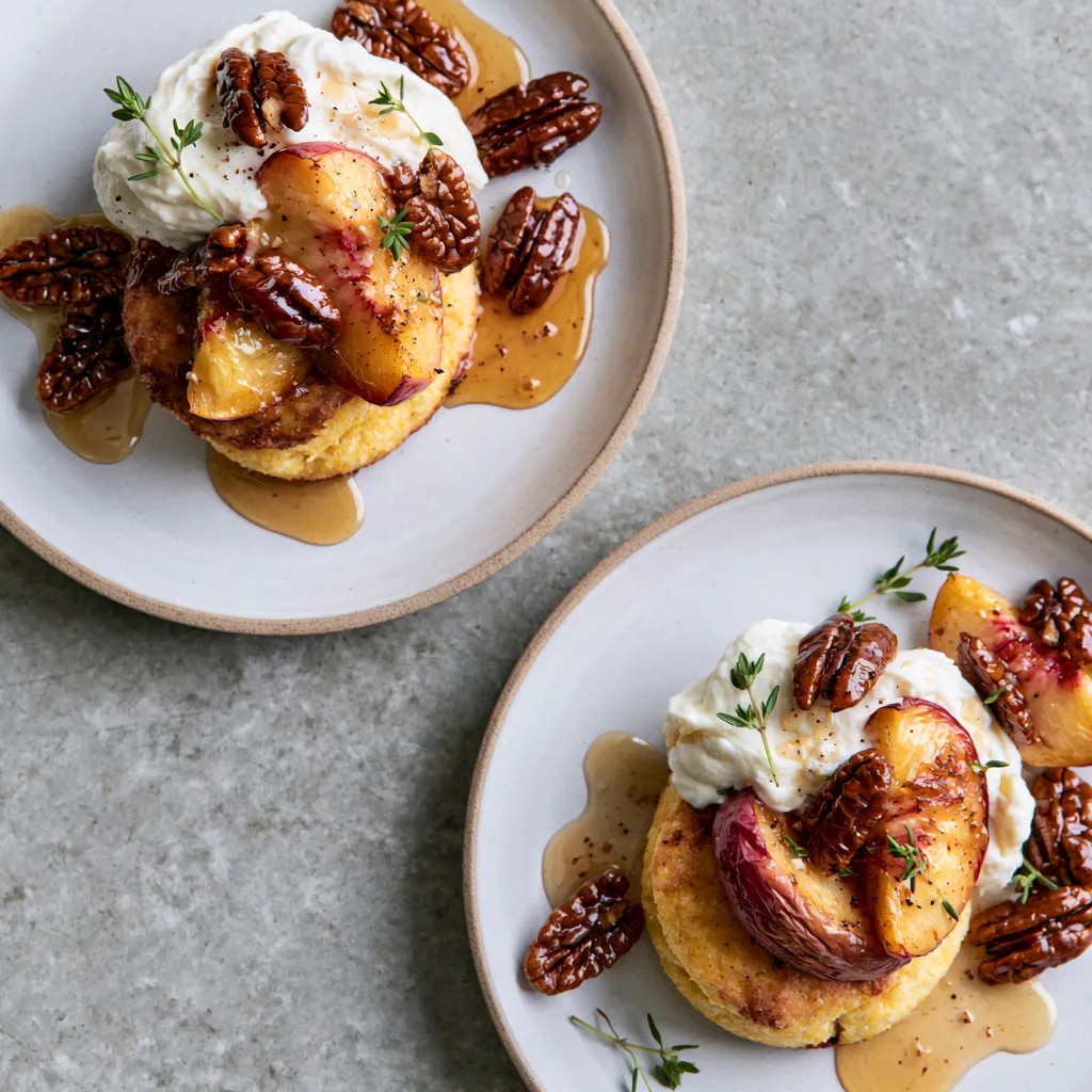 From above, two shallow dessert plates each hold a golden split shortcake topped with blush-roasted nectarine wedges, a swoosh of ivory honey mascarpone, scattered glossy maple pecans, tiny thyme leaves, and a glistening amber syrup pooling artistically around the fruit.
