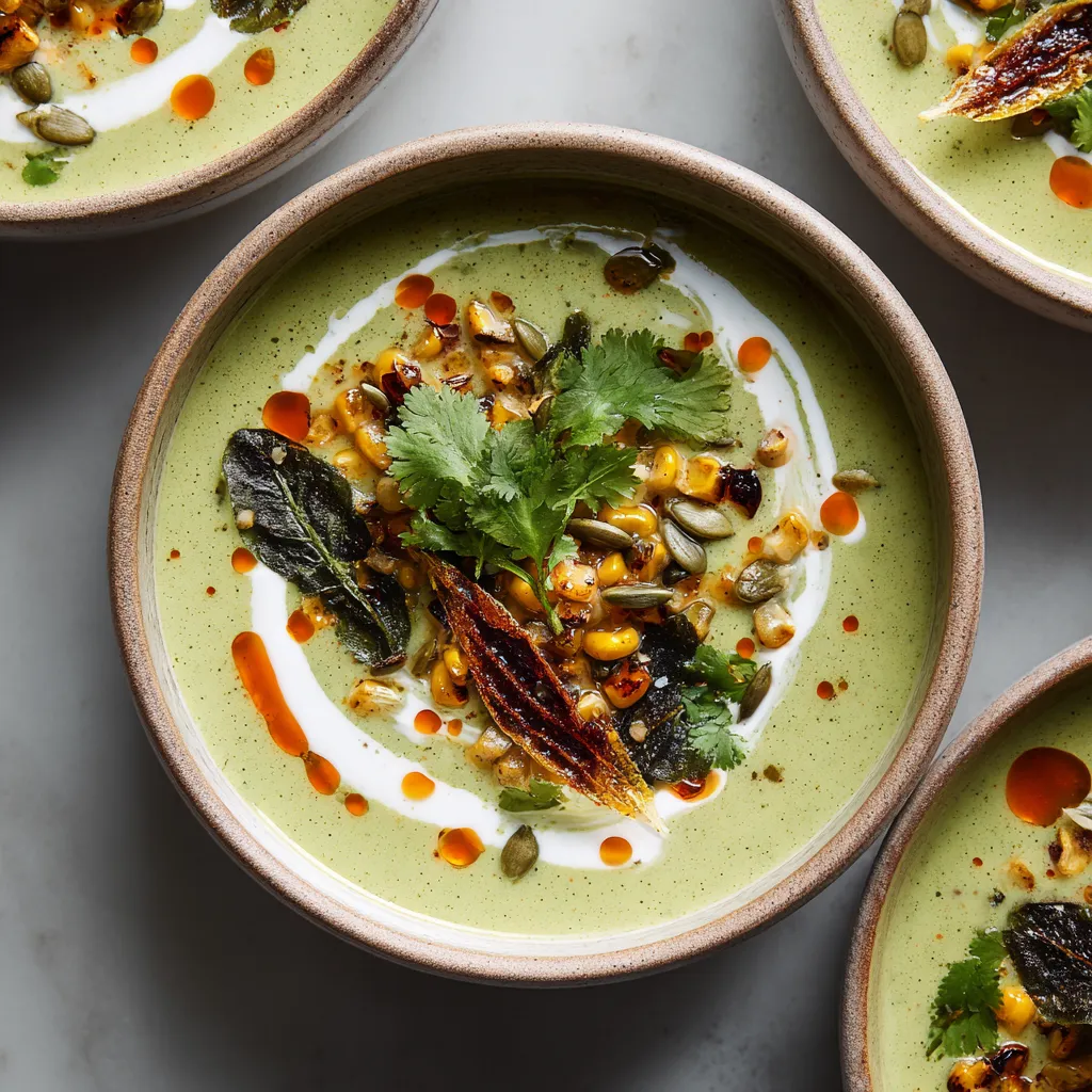 From above, two shallow bowls of pale golden-green soup topped with a white crema swirl, ruby chile oil droplets, charred corn kernels, thin apricot slices, bright cilantro leaves, and a crescent of toasted pepitas for vivid contrast.