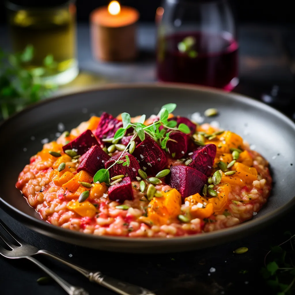 A brightly hued dish, it features risotto tinged with the lively orange color of the pumpkin, speckled with vibrant purple chunks of beetroot, topped with a scattering of toasted pumpkin seeds and a dash of fresh vibrant green parsley.