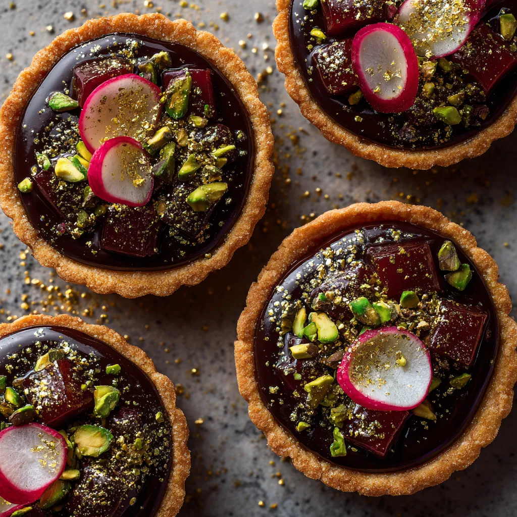 Four individual tarts, each with a crispy golden-brown pastry shell filled with glossy, rich dark chocolate ganache that nestles chunks of candied radish. Each is finished with a sprinkling of crushed pistachios, a sprinkle of edible gold dust, and a thin radish slice for garnish, providing pops of red and green color against the dark chocolate.