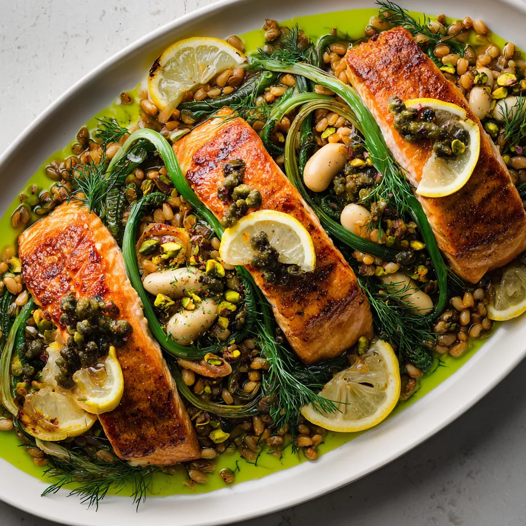 From above, a wide shallow platter shows golden-edged salmon fillets over a bed of saffron-tinted farro, dotted with glossy emerald fiddleheads, charred leek ribbons, creamy white beans, fennel fronds, crushed pistachios, and streaks of bright green herb oil, finished with lemon wedges for contrast.