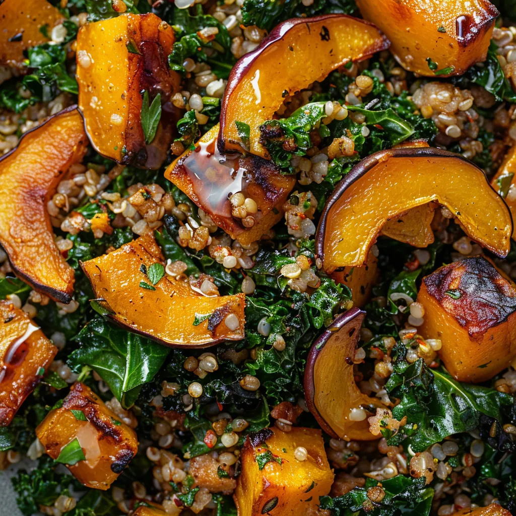 A vibrant, Instagram-worthy dish. Richly colored squash pieces are scattered atop a bed of glossy bulgur, with edges of crispy, dark-green kale peeking through. Glossy vinaigrette accents on the kale give a shiny finish. It's a feast for the eyes, too!