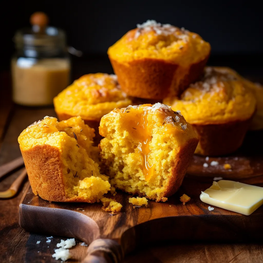 Golden-brown muffins with a gentle sheen sit on a rustic wooden chopping board. The tops, slightly cracked open, reveal a beautifully moist interior speckled with the lively yellow of squash. A piece of butter melts enticingly on one muffin, filling the air with its rich aroma. Beside the muffins, there are a few vibrant squash blossoms that mirror the sweetness within.