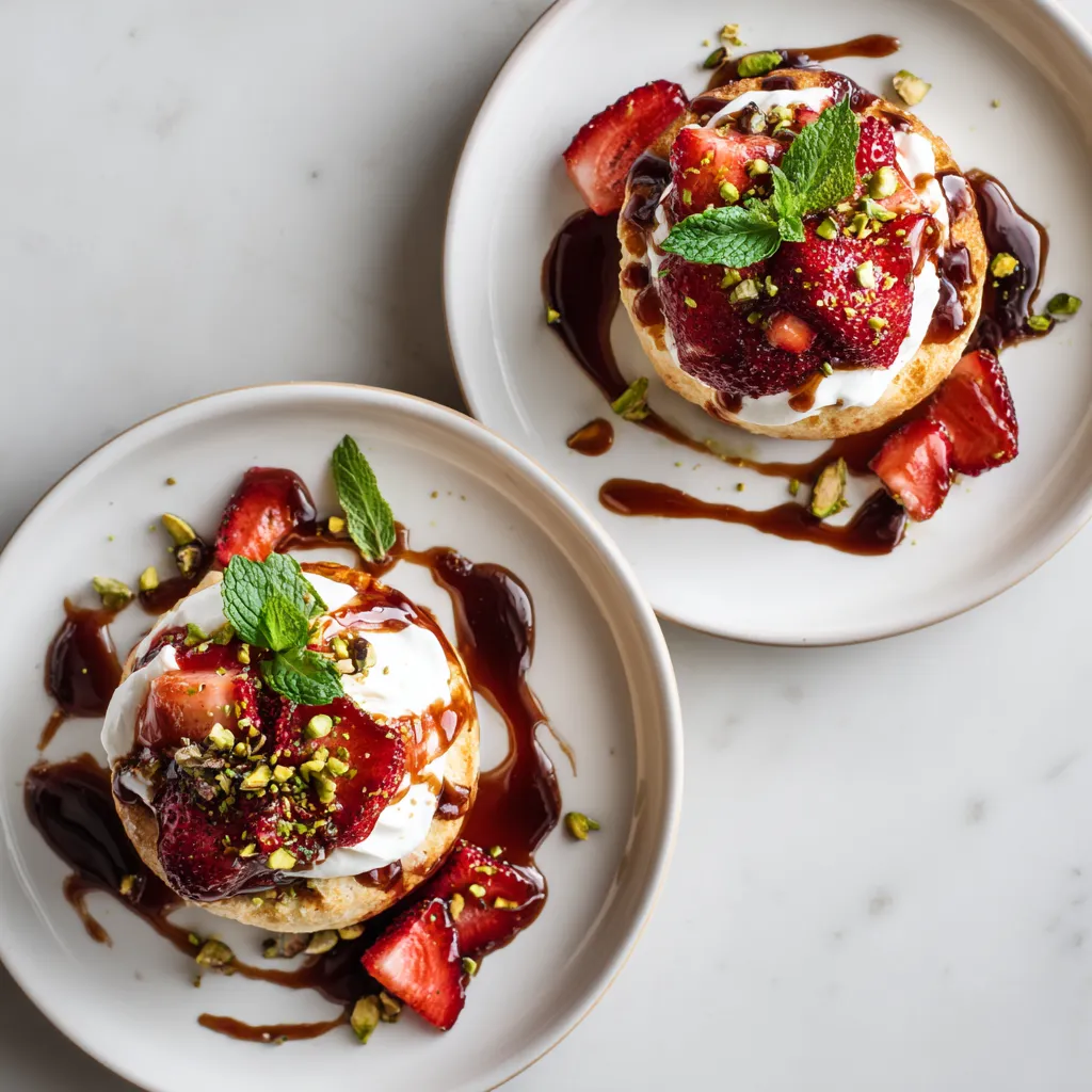 From above, two golden split shortcakes sit on white plates, piled with glossy ruby roasted strawberries and swoops of whipped ivory chèvre cream, finished with dramatic drizzles of deep mahogany black-garlic caramel, scattered pistachios, tiny mint leaves, and a few loose strawberry juices pooling artfully around the base.