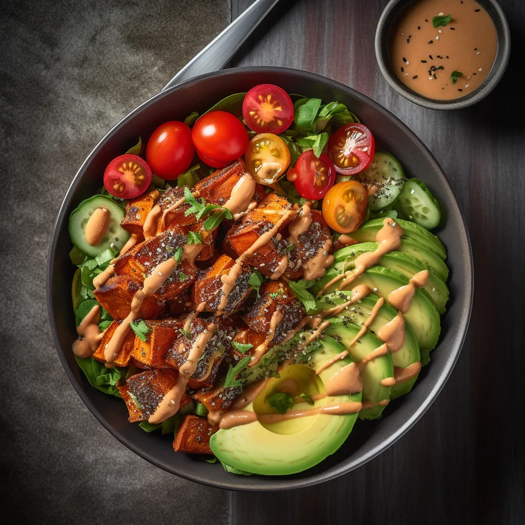A colorful bowl with roasted sweet potatoes and quinoa at the bottom, topped with avocado, fresh tomato-cucumber salad and a generous amount of chipotle sauce drizzle over it.