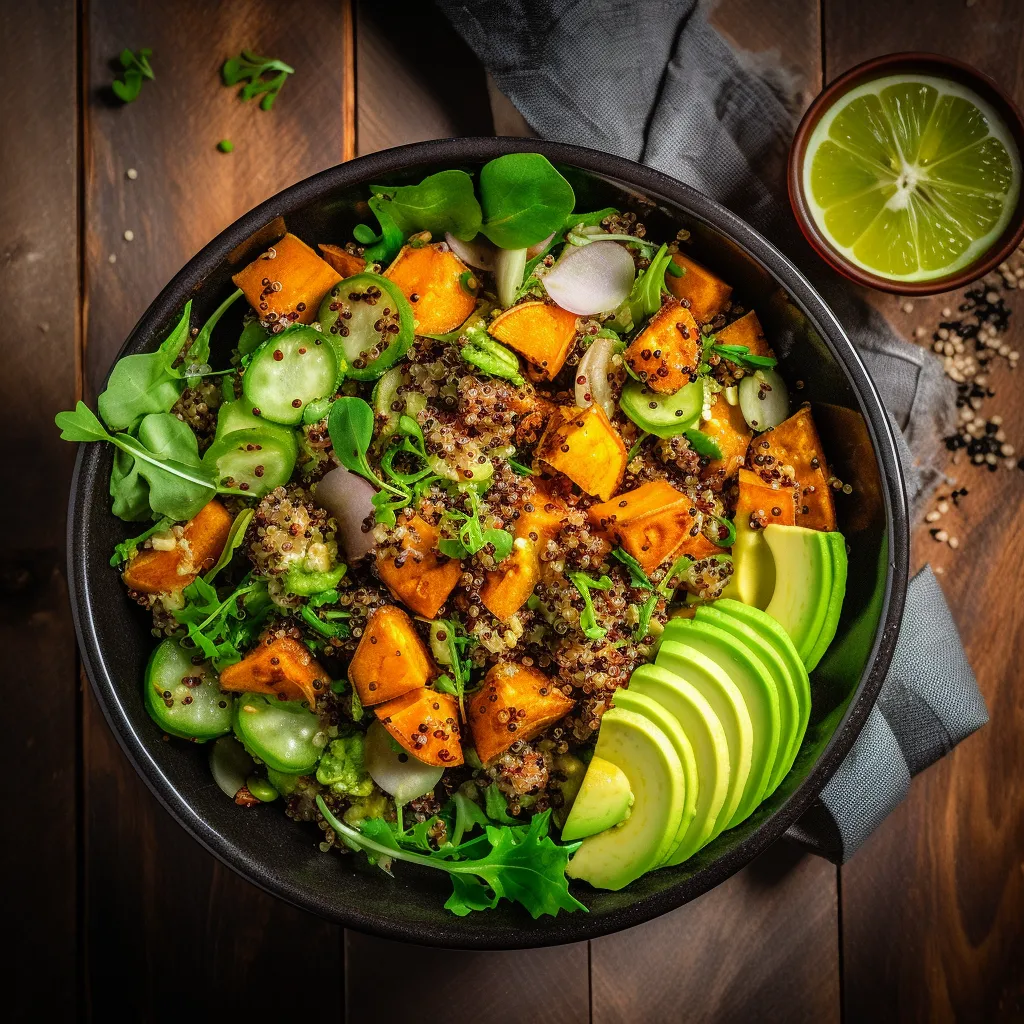 A bed of quinoa topped with cubes of vibrant orange and green, with sliced avocado and mixed greens lightly dressed in a lemon vinaigrette.