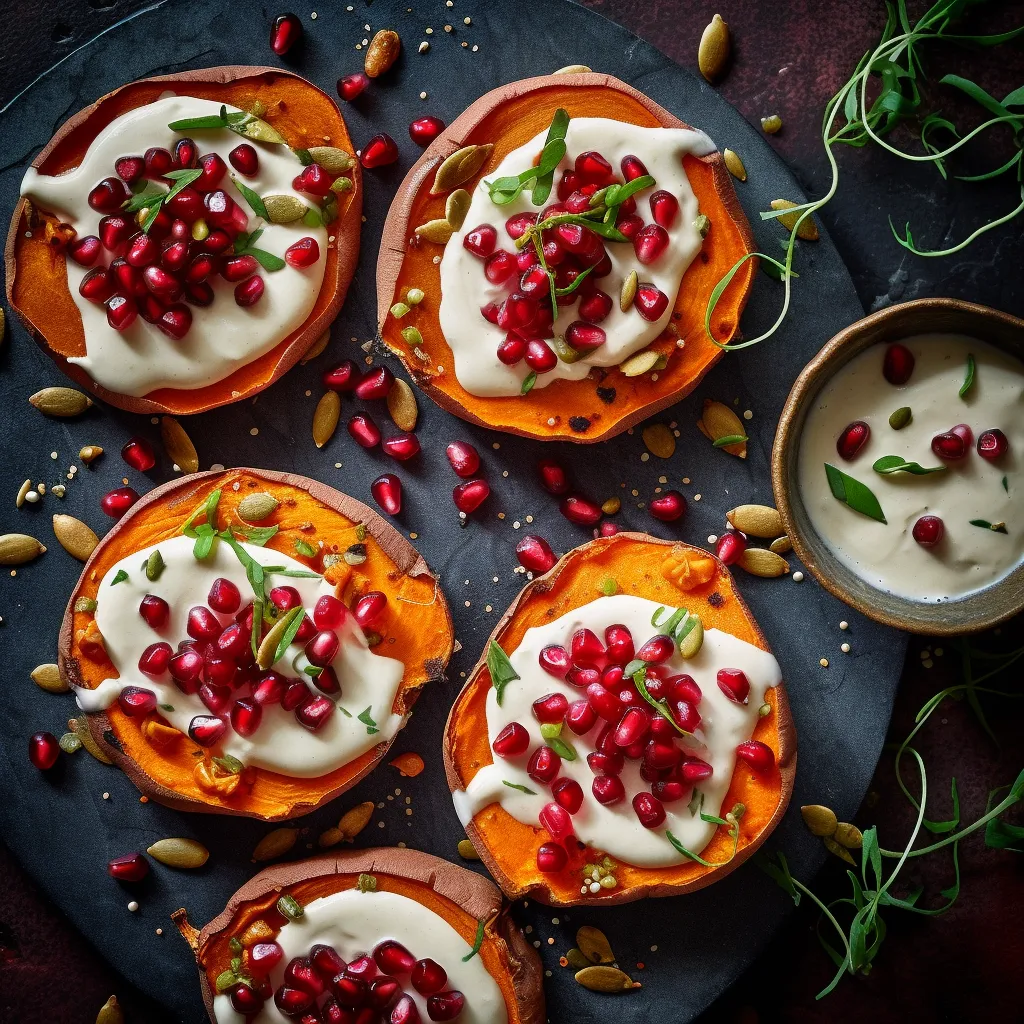 Circular sweet potato rounds with red yogurt sauce, scattered pomegranate seeds, and green pepitas