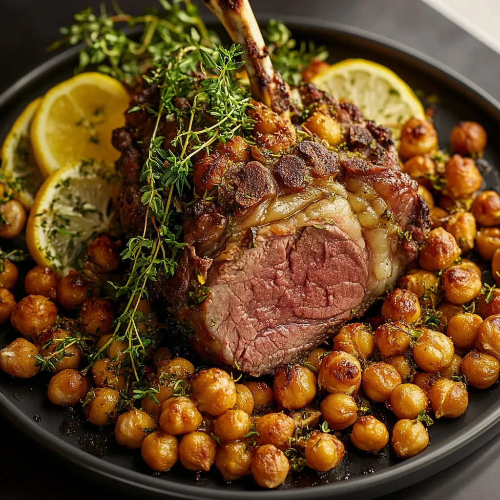 A beautifully plated dish with a golden-brown, roasted lamb at the center, surrounded by a vibrant array of smoky chickpeas, complemented by fresh garnishes of thyme and lemon slices. The juices from the roasted lamb create an enticing, glossy surface, promising a savory succulence beneath. Various shades of brown, contrasting with the splash of lemon yellow and green thyme, make the dish instagrammable.