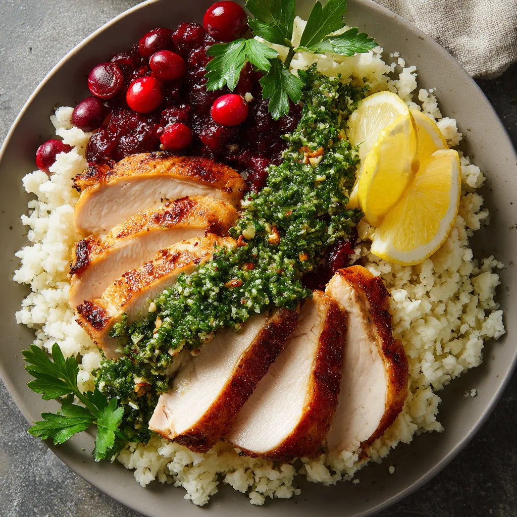A beautifully plated dish showcasing tender slices of golden roasted turkey against the vibrant green of the fresh cranberry-parsley pesto. The white cauliflower rice serves as a peaceful canvas, elevating the colors of the other components. A few cranberries, parsley leaves, and a lemon wedge garnish the plate, adding extra appeal.