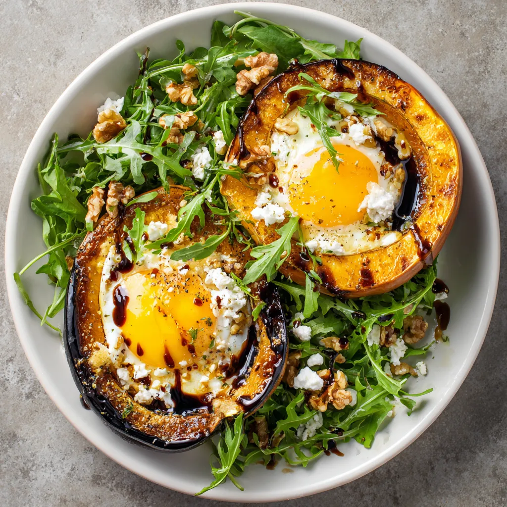 From above, you see half of a delightfully roasted winter squash filled with a shiny sunny-side-up egg in its hollow center. It's sitting on a bed of vibrant green arugula salad, sprinkled with feta crumbles and walnut chunks. Drizzles of balsamic reduction and brown butter hollandaise swirled around complete the picture-perfect brunch.