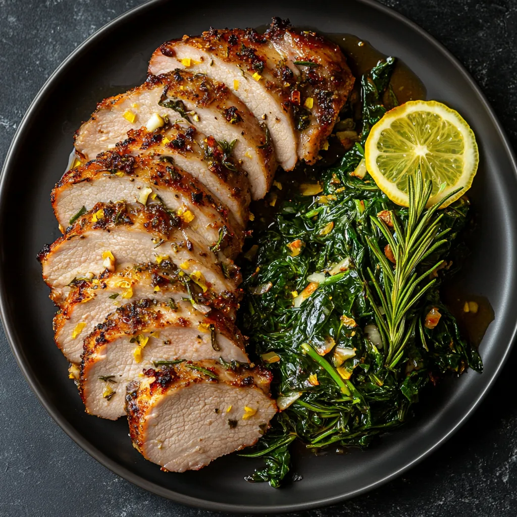 Golden brown, succulent slices of pork loin edge the dinner plate like rays of a sun. At the center, a mound of glossy, deep green mustard greens glistening with garlic-lemon glaze. Specks of lemon zest and garlic pieces are visible, adding color and rustic charm. A sprig of fresh rosemary on the side provides a pop of color and an aromatic touch.