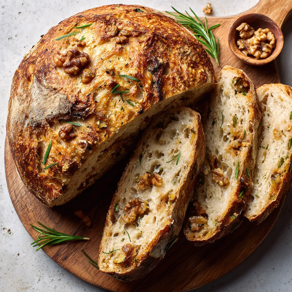 A round, crusty loaf, perfectly golden and crisp on the outside. As we cut open the loaf, the fluffy, steamy inside reveals morsels of earthy celery root and bits of toasted walnuts. The vibrant green specks of rosemary add a sprinkling of rustic charm.