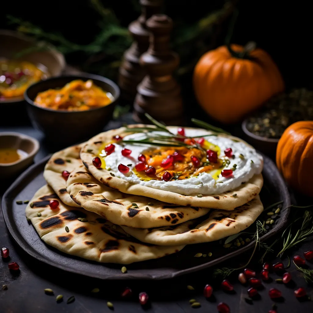 The plated dish is visually rustic yet elegant. The golden-hued pumpkin flatbreads are arranged in a fan-like manner, accompanied by a dollop of creamy labneh that shines snow white. Scattered rosemary sprigs, ruby pomegranate seeds, and chopped pistachio bring bursts of vibrant colors to the plate.