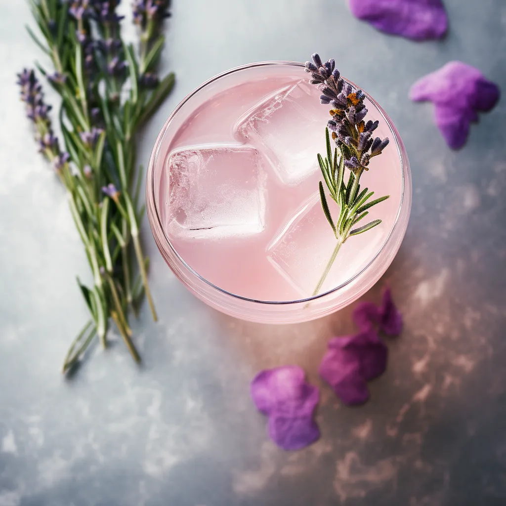 A tall and effervescent cocktail with a light pink hue, garnished with a sprig of fresh rosemary and a lavender sprig.