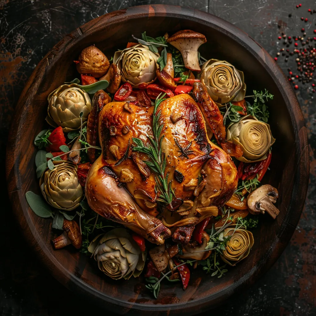 Golden-brown deboned roast chicken arranged in the center of a warm rustic platter. The succulent chicken is encircled by a blush of tender artichokes and browned shiitake mushrooms, dotted with bits of crisp spinach, vibrant red bell peppers, and finished with a sprinkling of thyme and lemon zest.