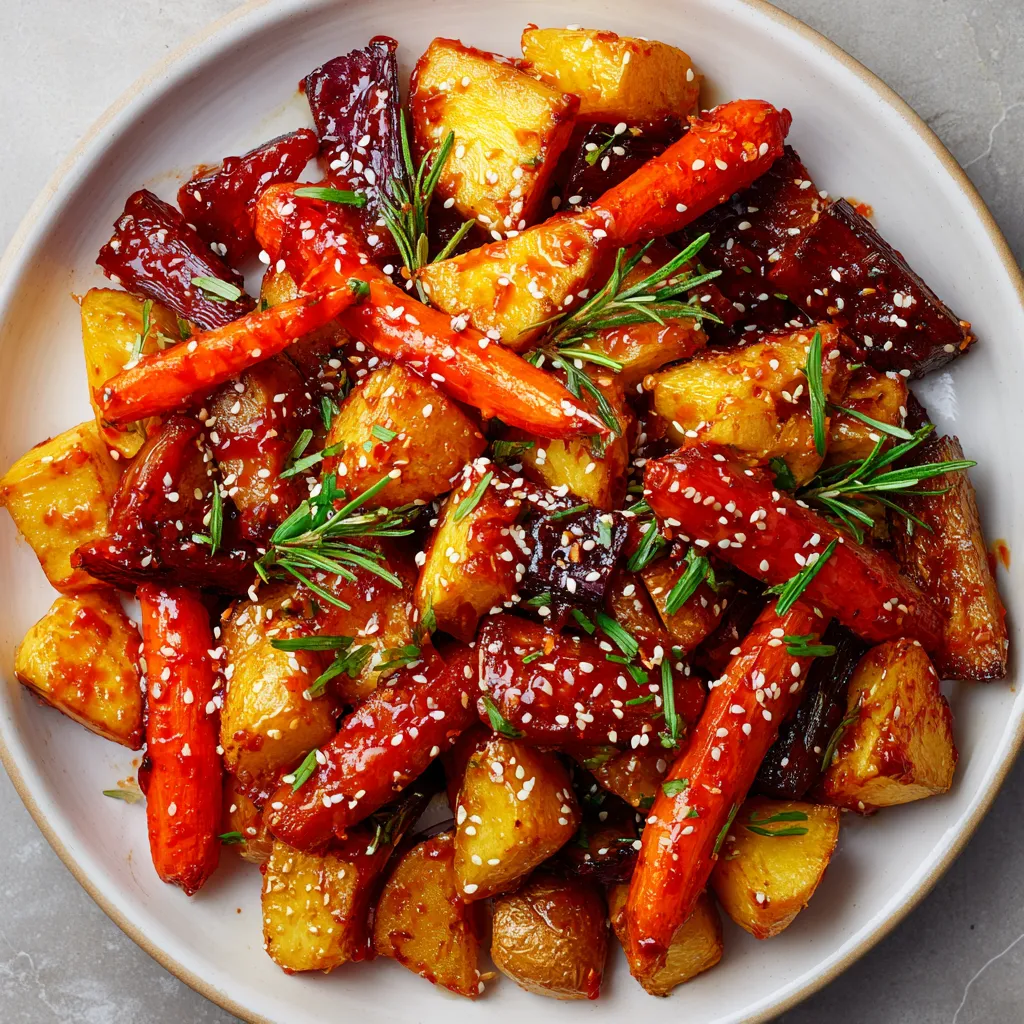 Overview sees a vibrant mix of golden brown roasted root vegetables, the red hue from the gochujang glaze shining through. Sprinkled with white sesame seeds and green snippets of fresh rosemary, it's a color fantasy on a white or muted platter.
