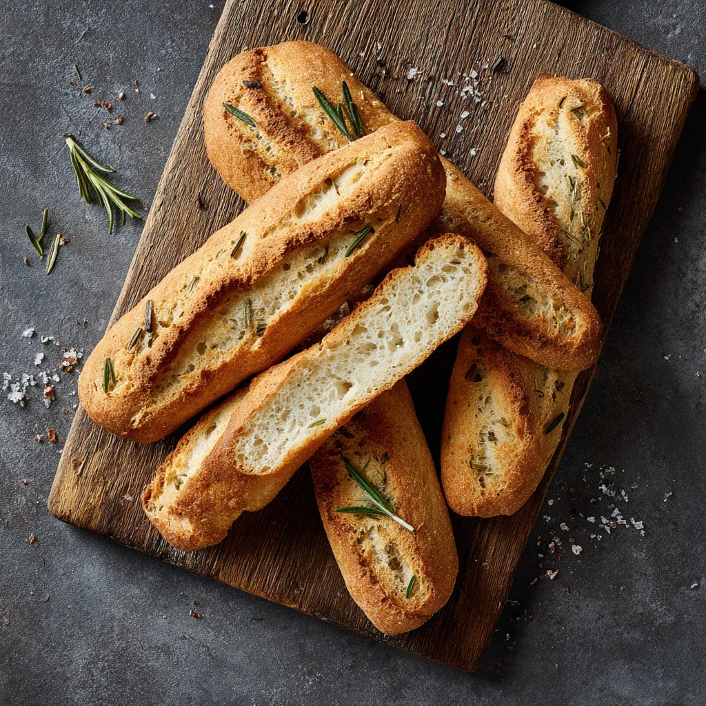Four evenly golden-brown miniature baguettes are arranged in a cross pattern on a rustic wooden cutting board. Bits of fresh rosemary dot the airy, crisp crust. The end slice showcases the soft, cottony interior, inviting you to take a bite.