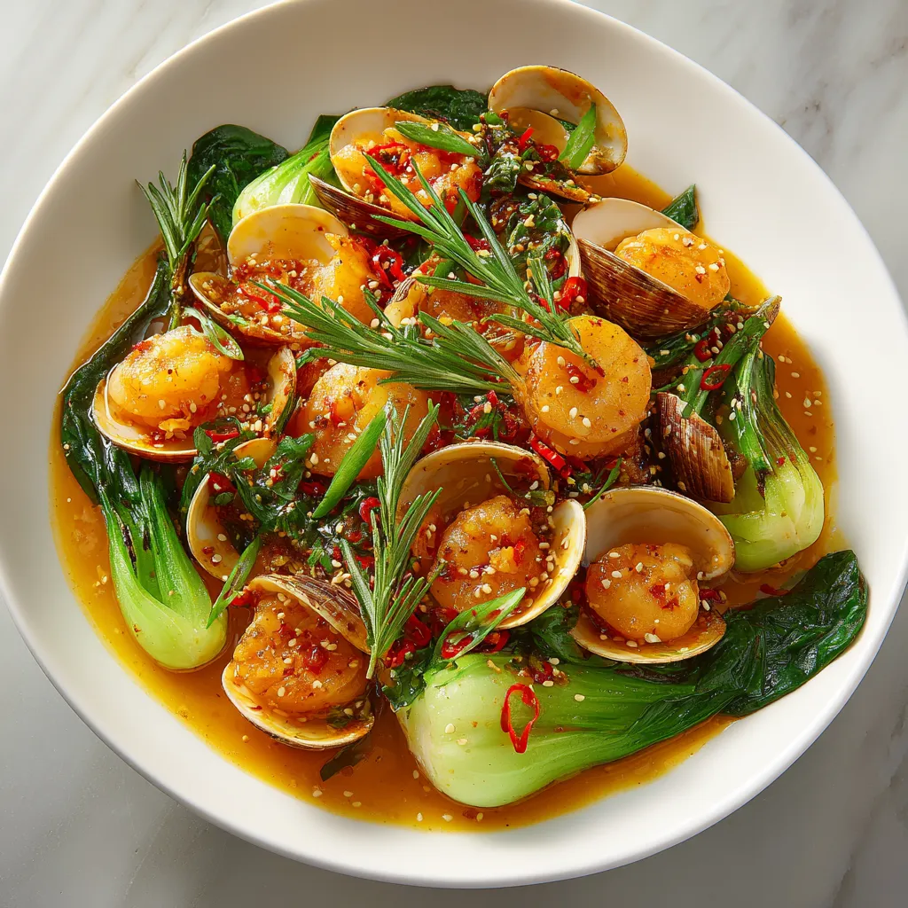 A stunning stir-fry served on a clean white plate. The array of cooked shrimp, scallops & clams in their shells are lavishly glossed in an appetizing golden-brown sauce, are studded with toasted sesame seeds and accompanied by vibrant green bok choy. Fresh sprigs of rosemary adorn the dish, while chili flakes give a pop of red color.
