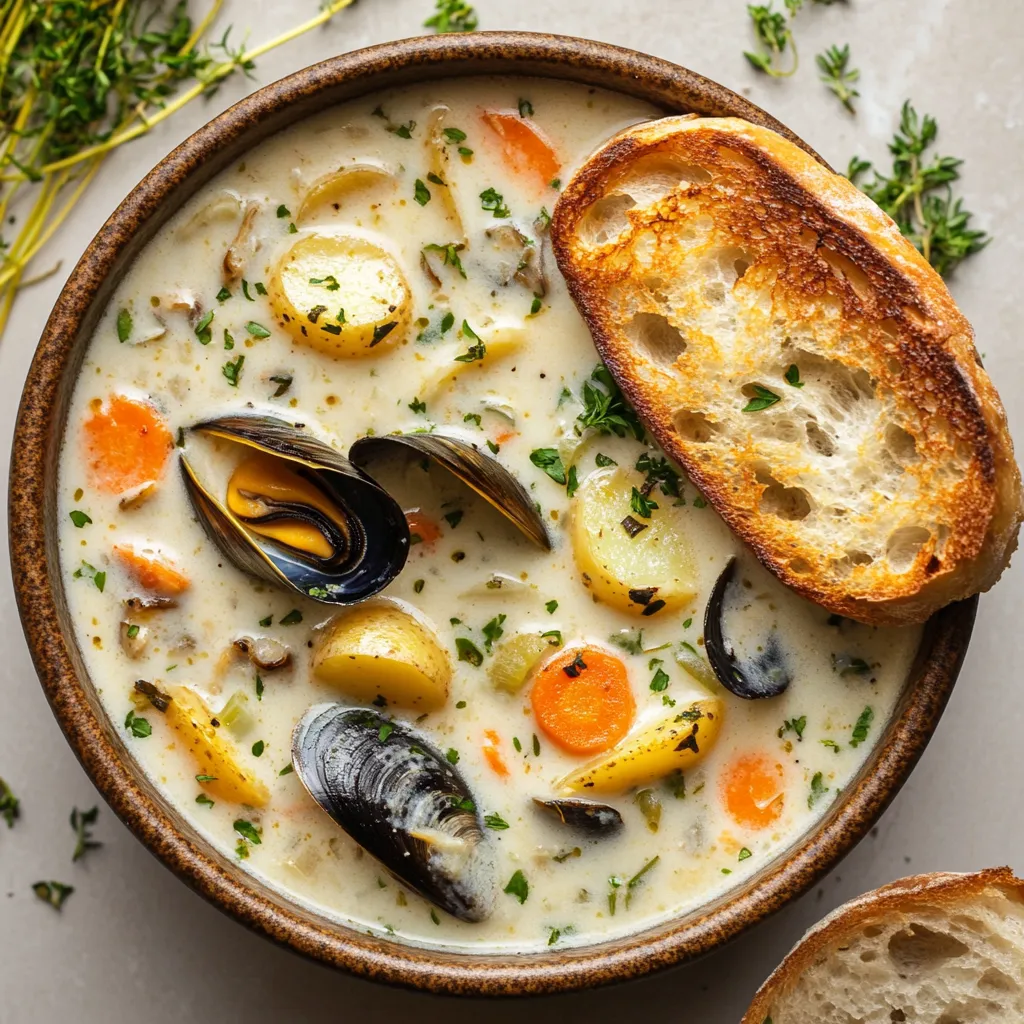 A deep bowl filled with creamy, off-white chowder and plump, open mussels peeking through. Pops of color come from the soft orange carrots, golden potatoes and bright green herbs scattered on top, with a golden-crisp piece of garlic bread leaning on the side of the bowl.