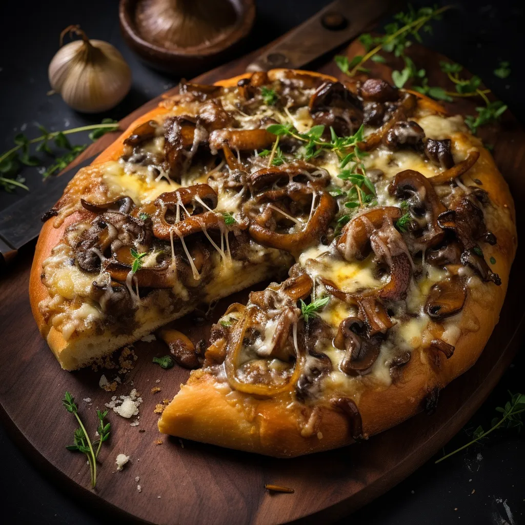 A beautiful round, golden-brown loaf, speckled with melted gruyere cheese, caramelized onions, and chunks of earthy mushrooms. Creamy melted cheese glistens on the crust, highlighting the rich, darkened onions and hearty mushrooms peeking out, making it especially Instagram-worthy.
