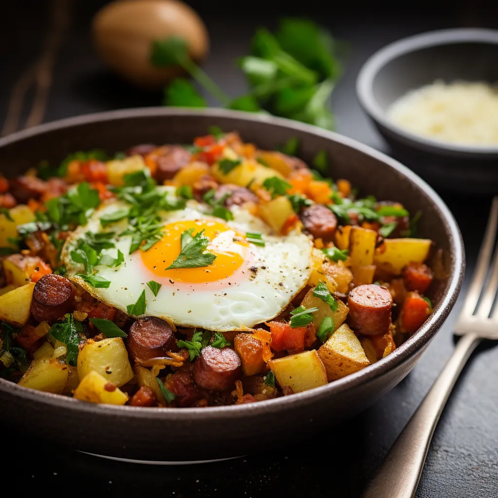 Contrasting pop of vibrant orange peel and chunks of chorizo and rutabaga mix scattered with emerald specks of parsley and glistening under a golden sunny-side-up egg in the bowl's center.