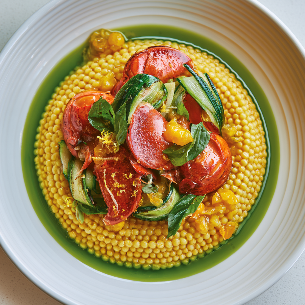Saffron Fregola with Butter-Poached Lobster, Charred Zucchini & Crushed Yellow Tomato