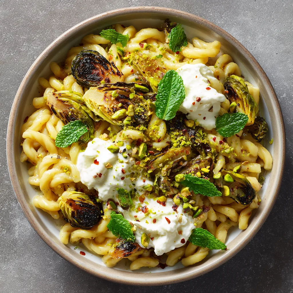 From above, a shallow bowl of twisted gemelli glistens in a pale golden sauce, tangled with deeply caramelized Brussels sprout ribbons and scattered with vivid green pistachios, mint leaves, lemon zest, chili flakes, and snowy quenelles of whipped ricotta for a dramatic, elegant finish.