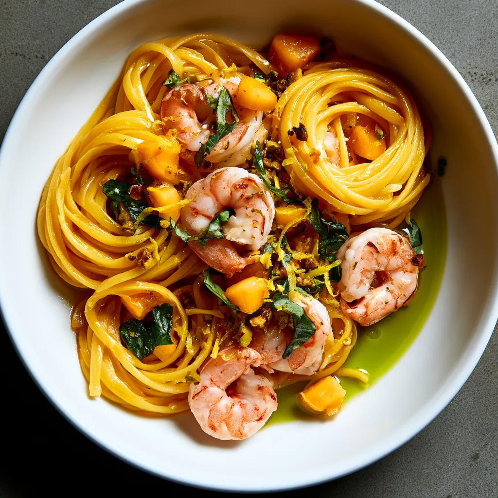 From above, a shallow white bowl of glossy golden linguine twirled into loose nests, topped with pink seared shrimp, tiny melon crescents, torn basil, crushed pistachios, lemon zest, and a drizzle of emerald olive oil for a vibrant, high-contrast summer look.