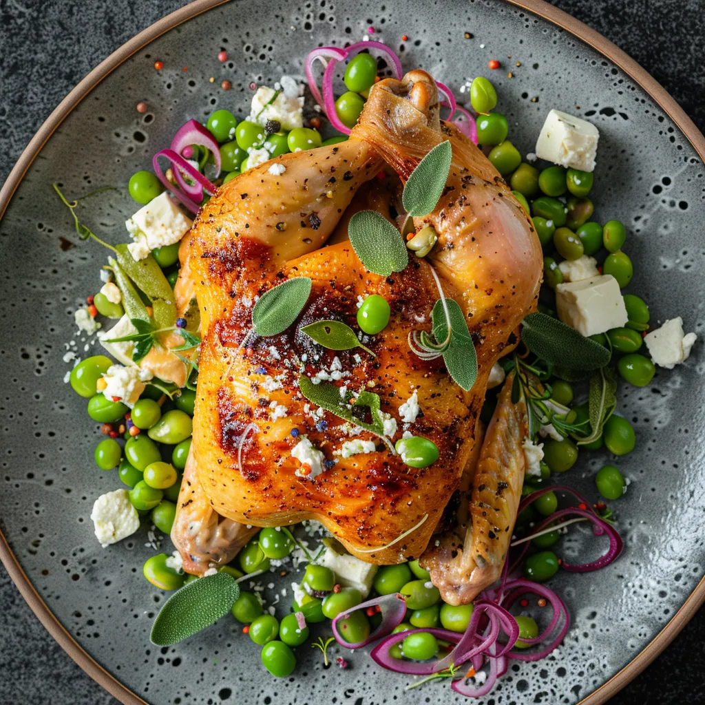 A golden-brown, crispy-skinned roast chicken is the centerpiece with flecks of vivid green fava beans scattered around. Pops of creamy white feta and purple shreds of red onion bring color and further depth to this plentiful dish. Ribbons of sage accentuate the rustic charm of the Greek-inspired roast.
