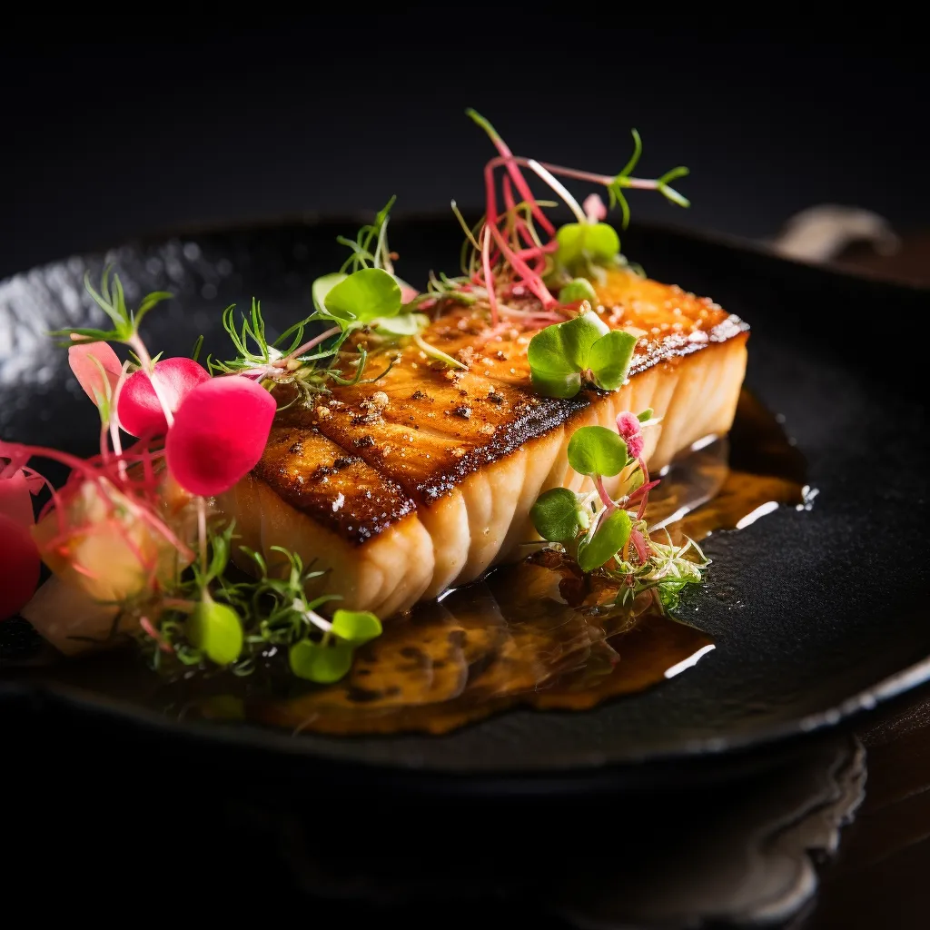 Mid-golden, caramel-glazed fillet of fish, gently charred on its edges, seated on a black lacquer plate. Garnished with microgreens and thinly-sliced radishes at its side, adding to the subtle elegance. A small dish of vibrant, freshly grated wasabi roots complements the plating.