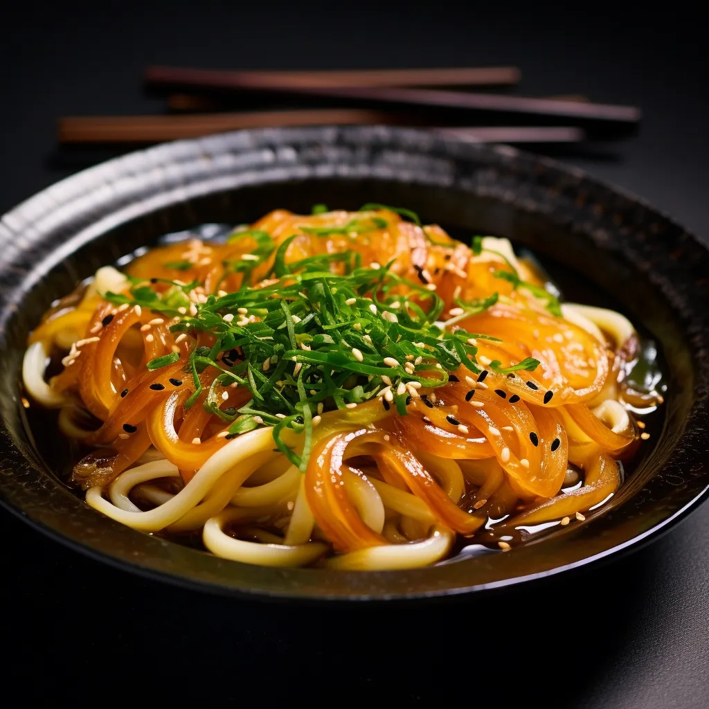 The steamy Udon noodles generously coated with a glossy, caramel-hued sauce, sit comfortably in a classic black ceramic bowl. Hints of green from the Nori and a scatter of sesame seeds create a color contrast. Slices of beautifully caramelized onions glisten on top, catching the light. A pair of wooden chopsticks rests on the side.