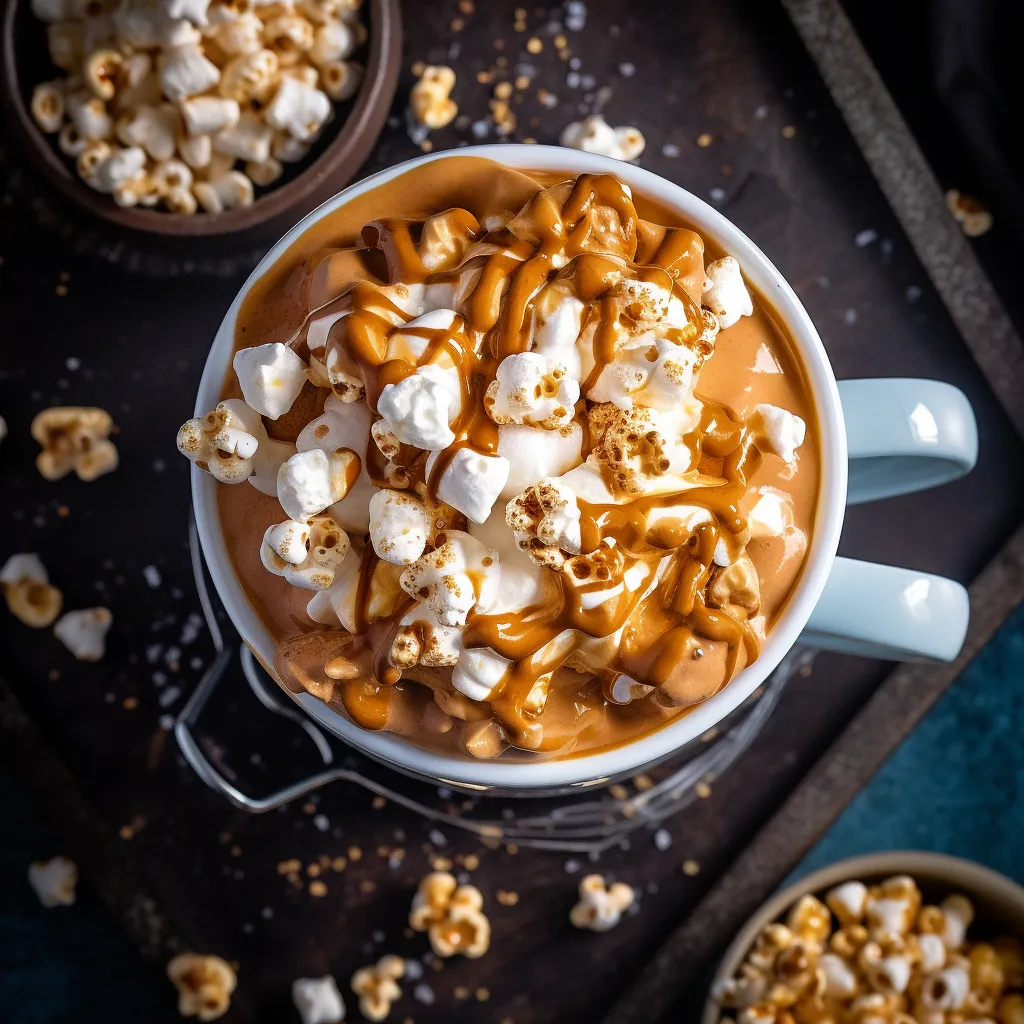 A steaming cup of velvety hot chocolate with whipped cream, caramel corn, and a sprinkle of sea salt.