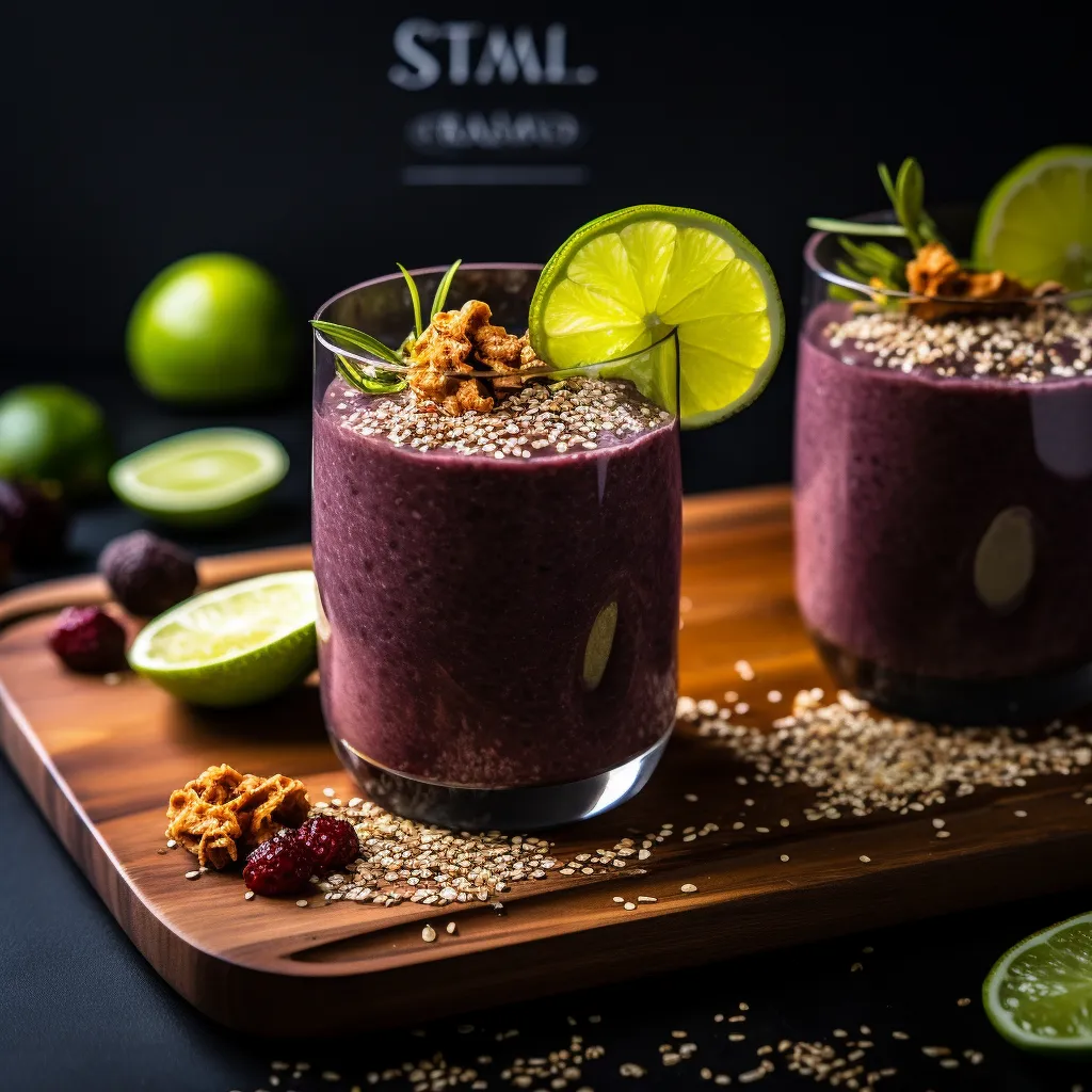 A rich, dark purple smoothie is poured into tall, clear glass tumblers. The surface is studded with flecks of golden, crispy shallot flakes and a light sprinkle of black chia seeds. Lime wedges adorn the rim of the glass, adding a pop of vibrant green. It's a visual feast of treats from distinct yet harmonious dimensions.
