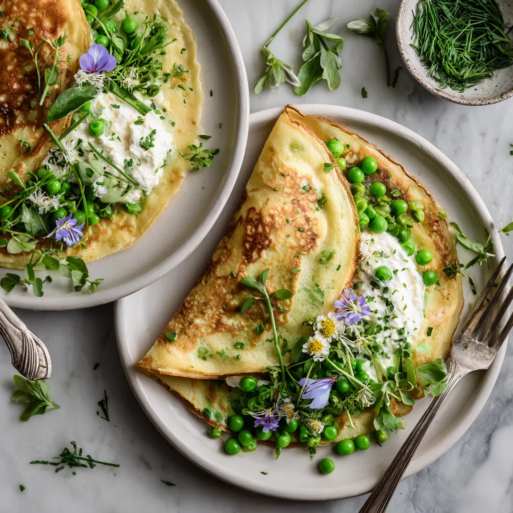 From above, two folded golden crêpes sit slightly overlapping on each plate, freckled with green chives and filled with glossy leeks and bright peas. A swoosh of whipped goat cheese peeks out at the edges, finished with a lemony salad of herbs, microgreens, and edible flowers for a fresh pastel, bistro-chic look.