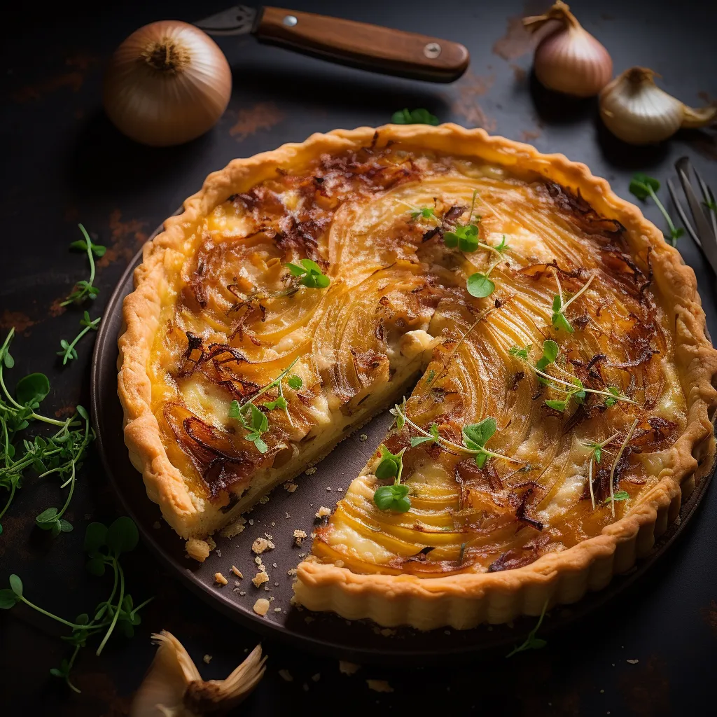 A golden-brown tart appears beautifully baked with caramelized onions peeking through the melting Gruyere cheese, dusted with flecks of fresh thyme leaves. The tart is carefully cut into quarters, and the flaky layers of the tart crust are revealed in one of the slices that's lifted slightly.