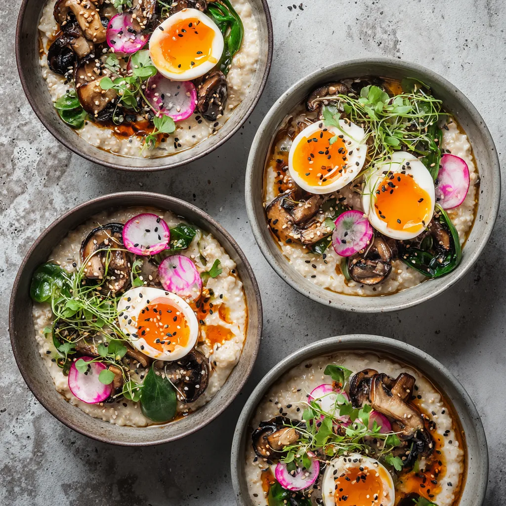 From above, four shallow bowls of pale creamy oats are topped with halved jammy eggs, glossy caramel-brown mushrooms, ribbons of vivid green sorrel, pink radish slices, black and white sesame seeds, chili oil swirls, and tiny herb leaves for a striking, modern brunch look.