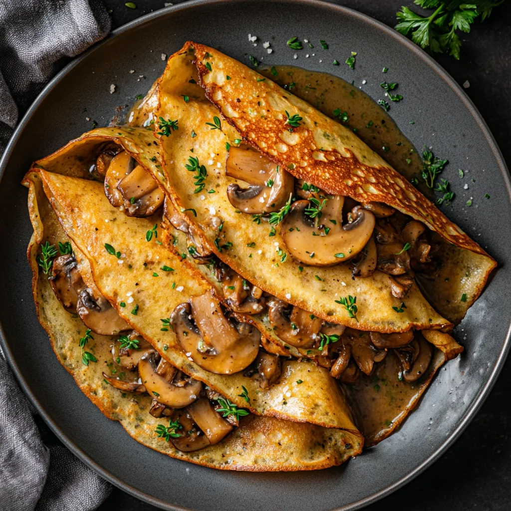 Layered thin golden-brown crepes are generously filled with meaty shiitake mushrooms in a pool of light velvety sauce. Topped with chopped fresh thyme, parsley and a sprinkle of white cheddar. It's radiating with inviting warmth and elegance.